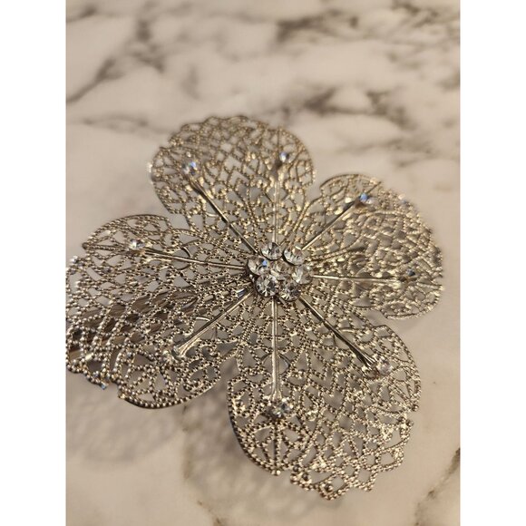 Silver Tone Filigree Flower Hair Clip Barrette With Rhinestones - Picture 2 of 4